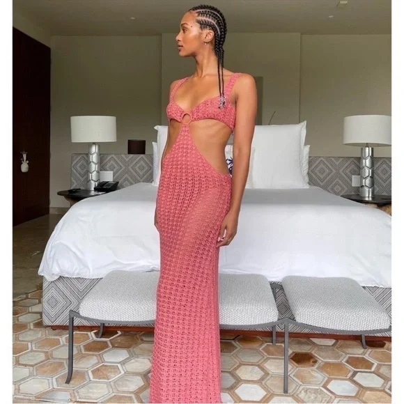 Cult Gaia Tyra Crochet Cutout Maxi Dress Sheer Beach Jaipur Pink XS NWT - Picture 1 of 11
